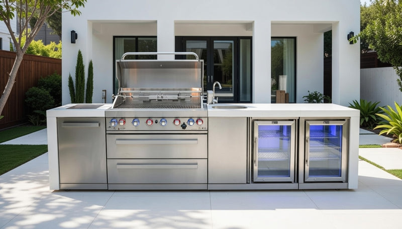 Mont Alpi 6-burner Deluxe Island with a Beverage Center And Fridge Cabinet MAi805-DBEVFC 132''