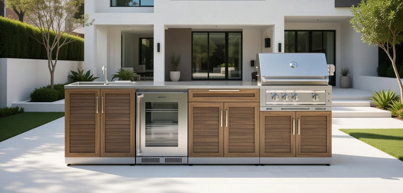 Outdoor Kitchen Stainless Steel 6 Piece Cabinet Set with Sink, Bar, Grill Cabinet, Platinum Grill, and Fridge