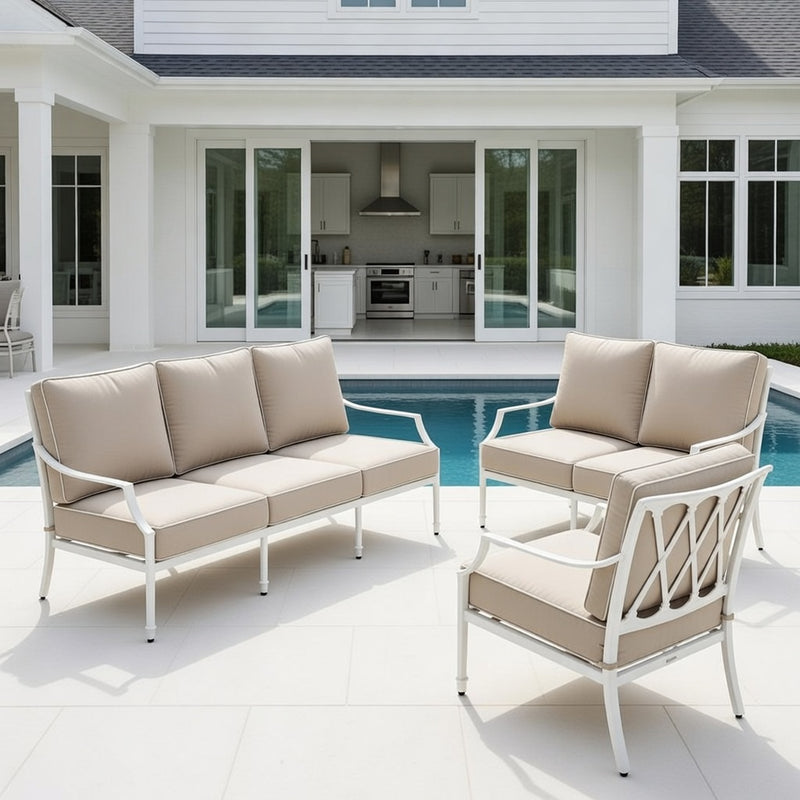 Outdoor Sofa Set in White Aluminum and Sunbrella Rain Cushions