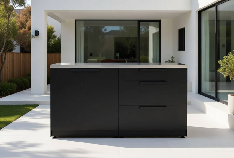 Outdoor Kitchen Black 2 Piece Cabinet Set with 3-Drawer Cabinet and 2-Door Cabinet+ Countertop