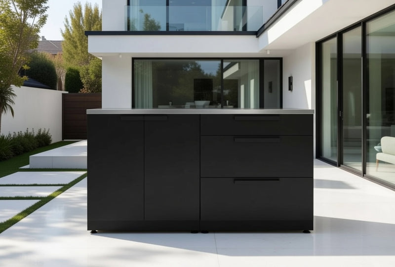 Outdoor Kitchen Black 2 Piece Cabinet Set with 3-Drawer Cabinet and 2-Door Cabinet+ Countertop