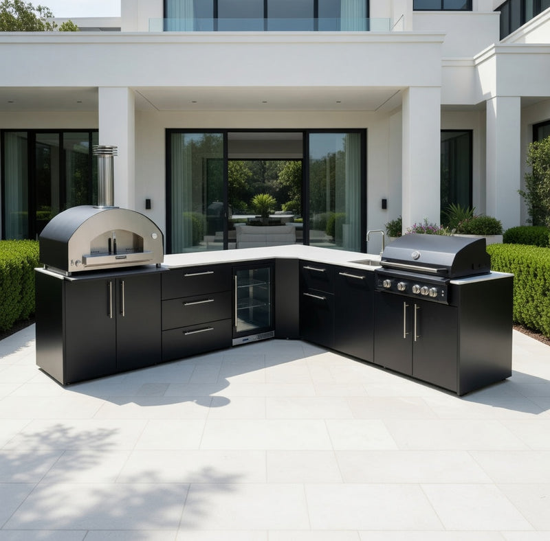 Outdoor Kitchen Elysia L Shape with Gas Barbecue, Pizza Oven, Fridge and Sink