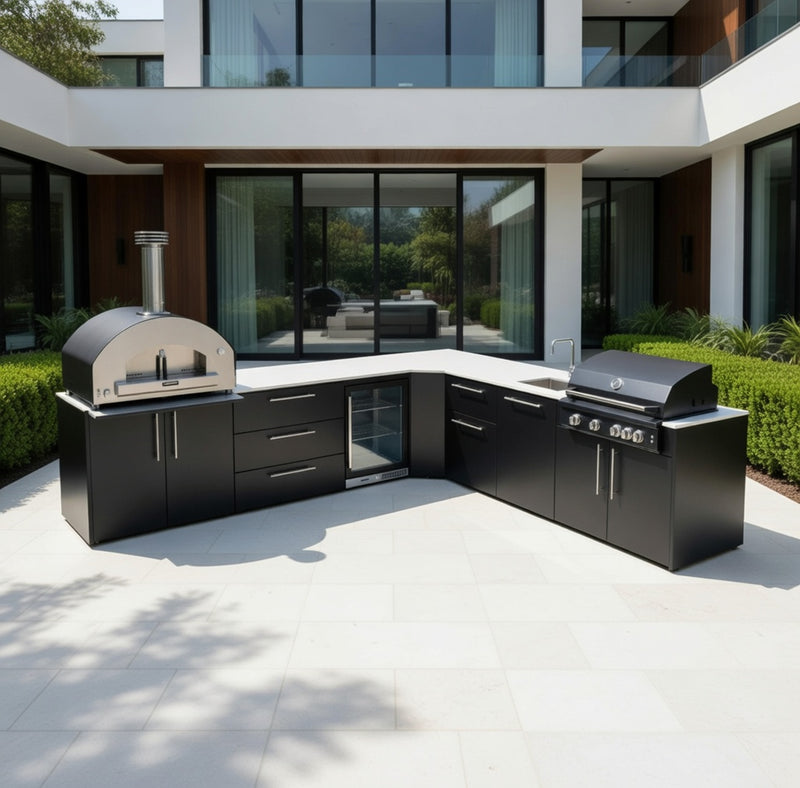 Outdoor Kitchen Elysia L Shape with Gas Barbecue, Pizza Oven, Fridge and Sink