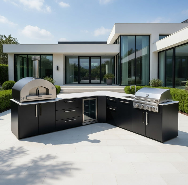 Outdoor Kitchen Elysia L Shape with Gas Barbecue, Pizza Oven, Fridge and Sink