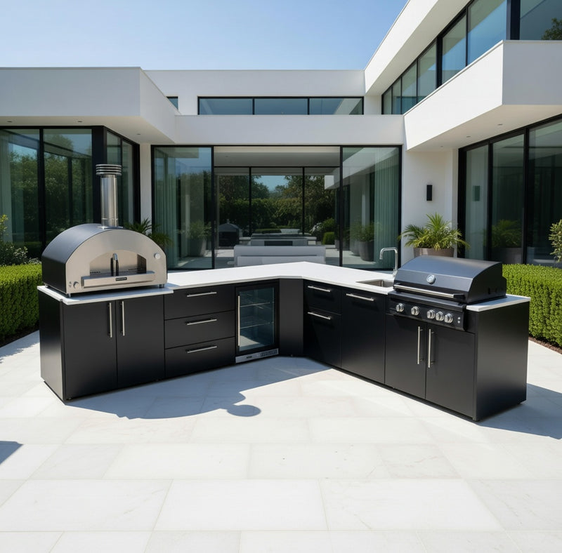 Outdoor Kitchen Elysia L Shape with Gas Barbecue, Pizza Oven, Fridge and Sink