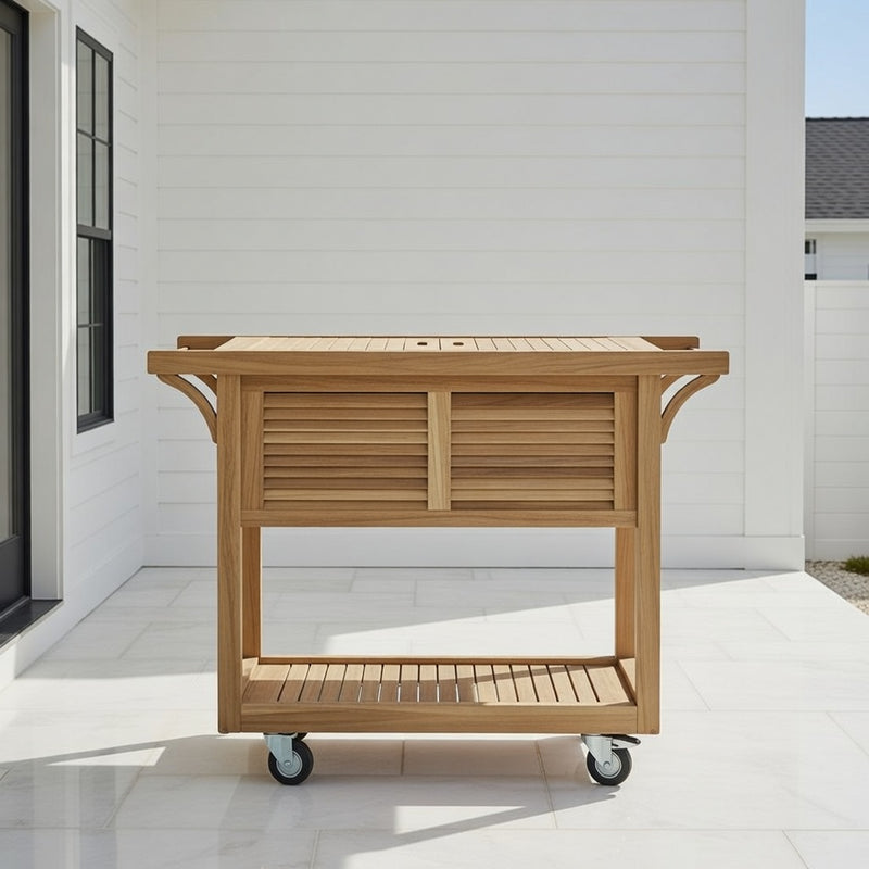 Teak Bar Cart with Beverage Tub Natural Wood
