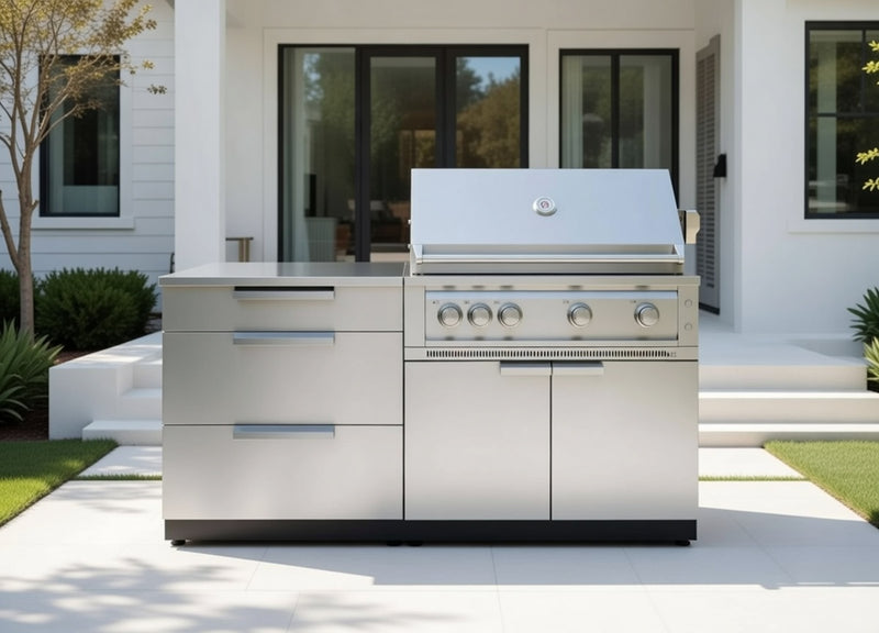 Outdoor Kitchen Stainless-Steel 4 Piece Cabinet Set with 3 Drawer, Grill Cabinet, Platinum Grill, and Countertop