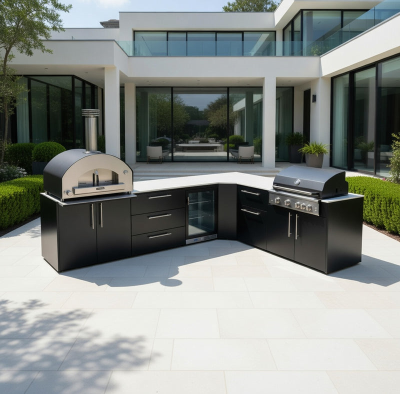 Outdoor Kitchen Elysia L Shape with Gas Barbecue, Pizza Oven, Fridge