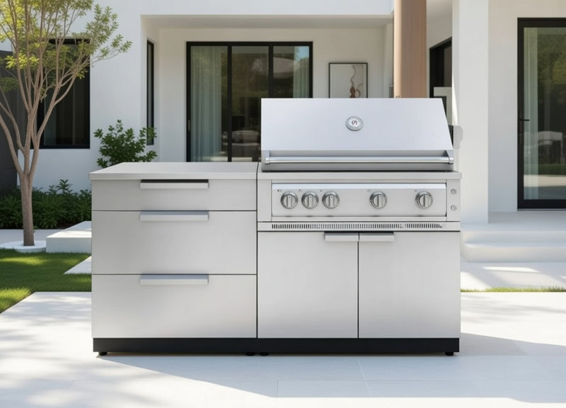 Outdoor Kitchen Stainless-Steel 4 Piece Cabinet Set with 3 Drawer, Grill Cabinet, Platinum Grill, and Countertop
