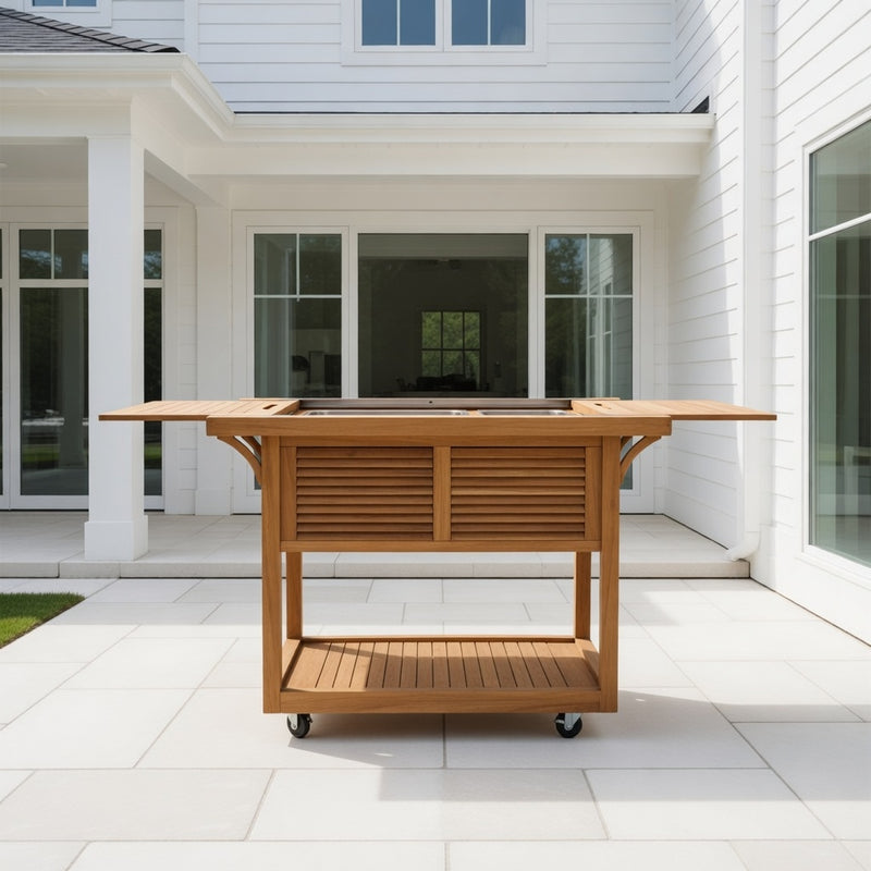 Teak Bar Cart with Beverage Tub Natural Wood