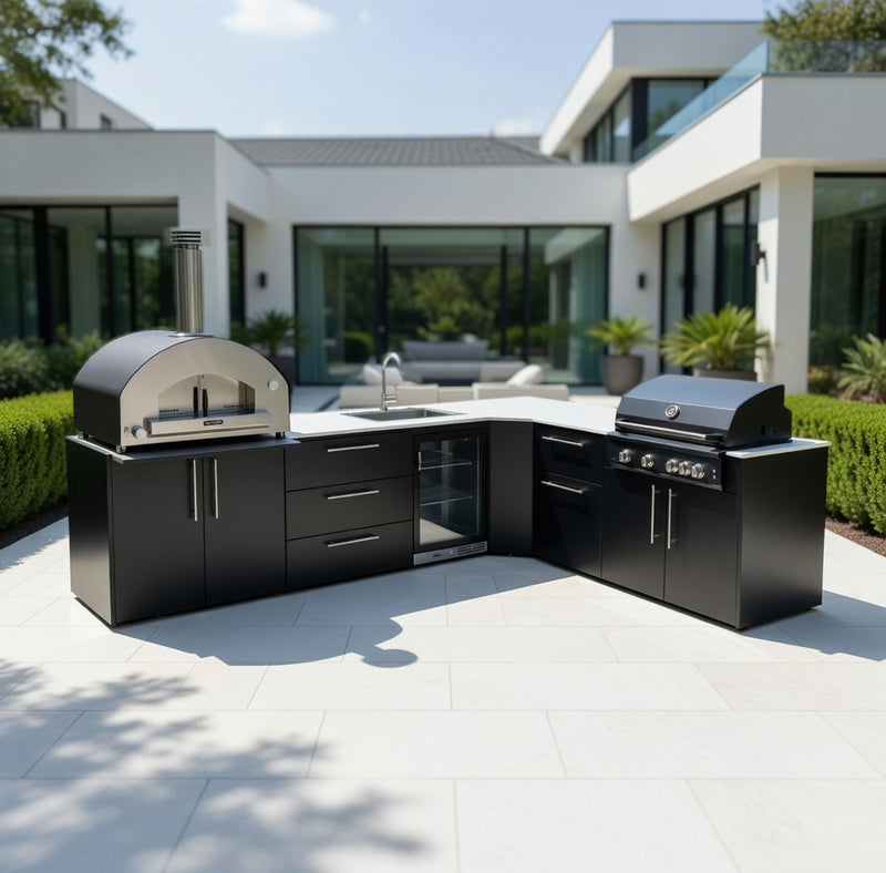 Outdoor Kitchen Elysia L Shape with Gas Barbecue, Pizza Oven, Fridge