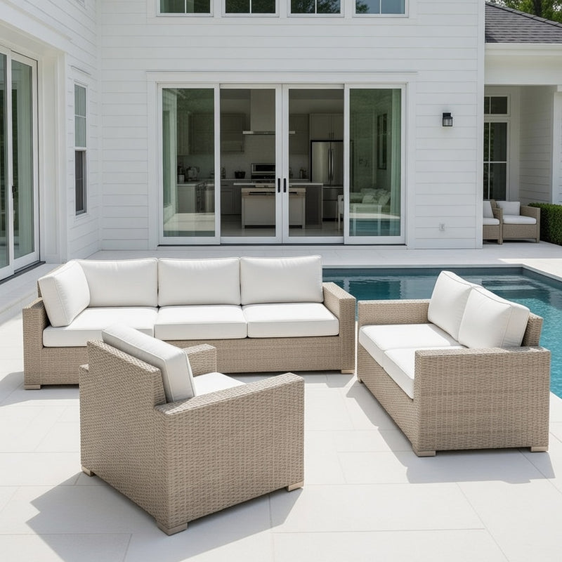Outdoor Sofa Set in Dove Finish and Sunbrella Rain Cushions