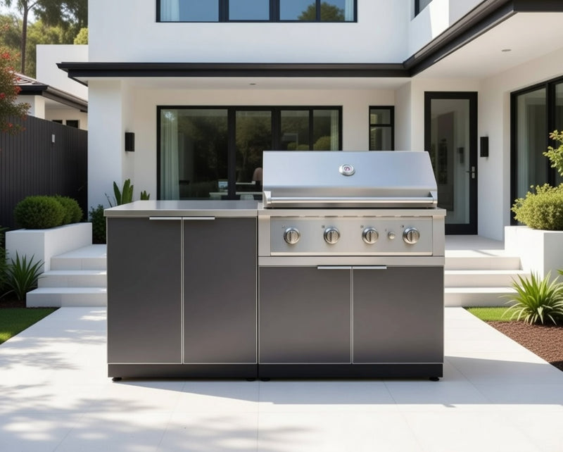 Outdoor Kitchen Aluminum 4 Piece Cabinet Set with 2 Door, Grill Cabinet, Performance Grill and Countertop