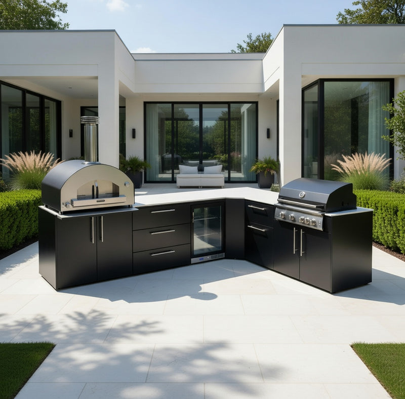 Outdoor Kitchen Elysia L Shape with Gas Barbecue, Pizza Oven, Fridge