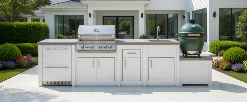 Stoll Aluminum Outdoor Kitchen White, Whistler 34-Inch 4-Burner Gas Grill Sink, and Double Drawer Fridge and Green Egg | 13FT