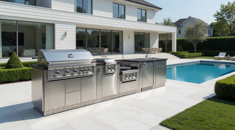 Sunstone Grills Hill Country 13 1/2 Ft Outdoor Kitchen Island w/ Propane Grill & Side Burner, Sink, Refrigerator, Door & Drawer