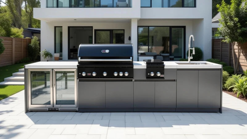 Whistler 5-Burner 141 x 28-Inch Gas Grill Island with Infrared Rear Burner, Refrigerator, Sink, Double Side Burner, and Rotisserie Kit - Black Stainless