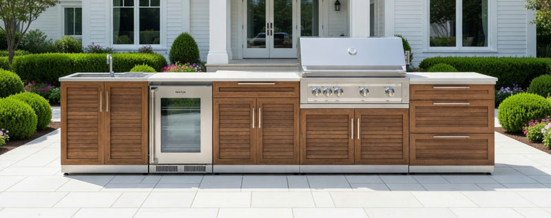 Outdoor Kitchen Stainless Steel 7 Piece Cabinet Set with Sink, Triple Drawer, Bar, Grill Cabinet, Platinum Grill, and Fridge - 13'4''