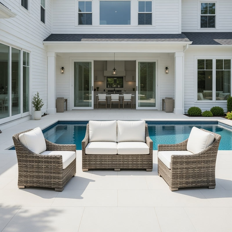 Outdoor Loveseat Set in Putty Finish and Sunbrella Rain Cushions