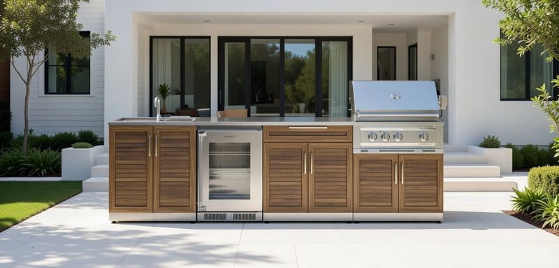 Outdoor Kitchen Stainless Steel 6 Piece Cabinet Set with Sink, Bar, Grill Cabinet, Platinum Grill, and Fridge