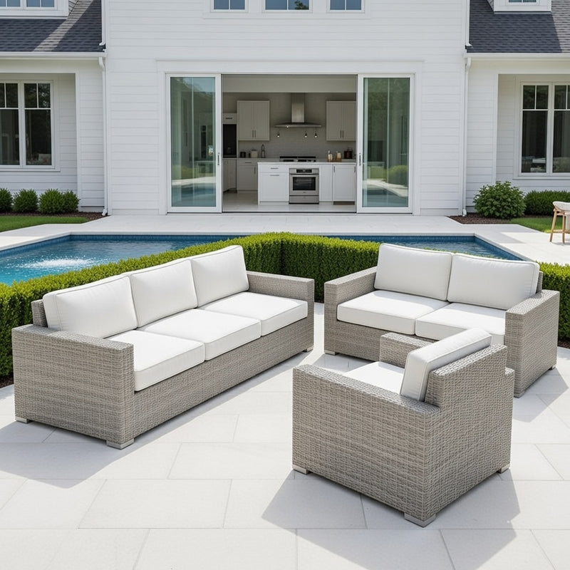 Outdoor Sofa Set in Dove Finish and Sunbrella Rain Cushions