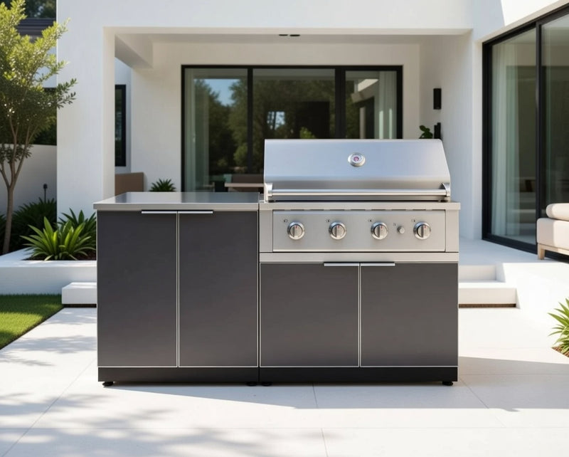 Outdoor Kitchen Aluminum 4 Piece Cabinet Set with 2 Door, Grill Cabinet, Performance Grill and Countertop