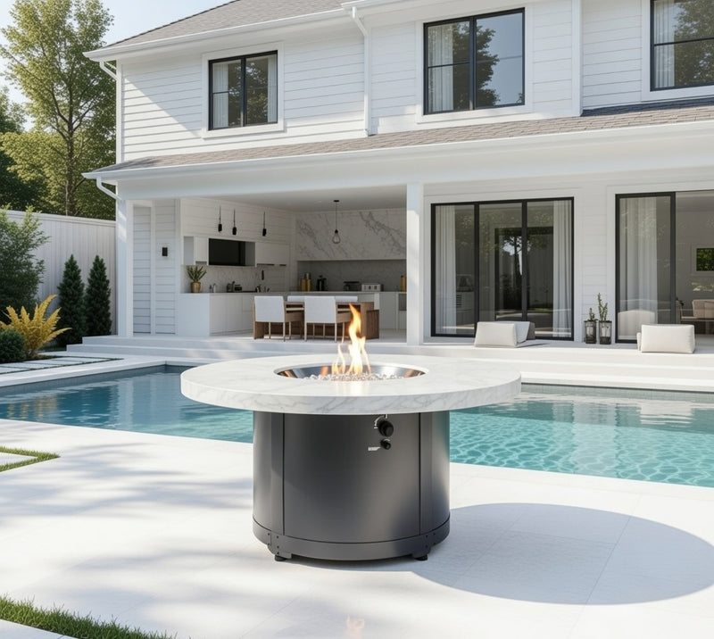 Fire Pit Table White Onyx Chat High plus weather cover