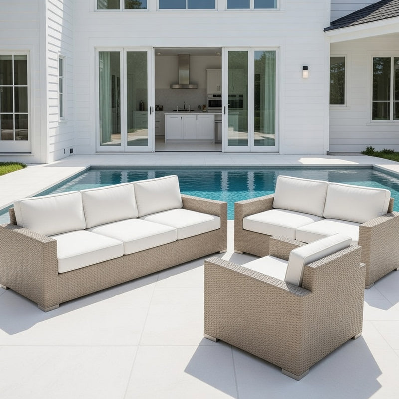 Outdoor Sofa Set in Dove Finish and Sunbrella Rain Cushions