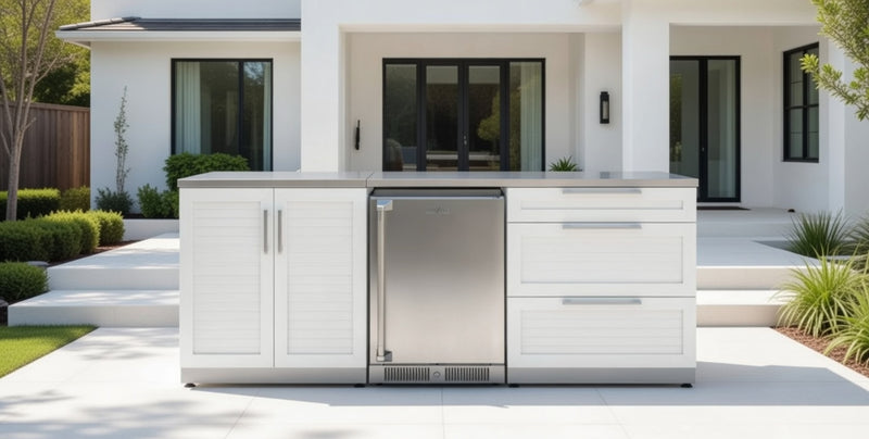 Outdoor Kitchen Stainless Steel Louvered Doors 5 Piece Cabinet Set with 3-Drawer, 2-Door Cabinet, Countertops and Fridge