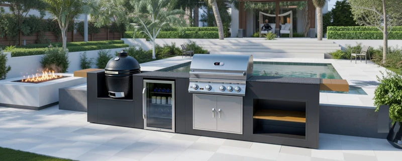 Grillandia Outdoor Kitchen Whistler 4 Burner BBQ, and Primo Ceramic Grill | 13.2ft