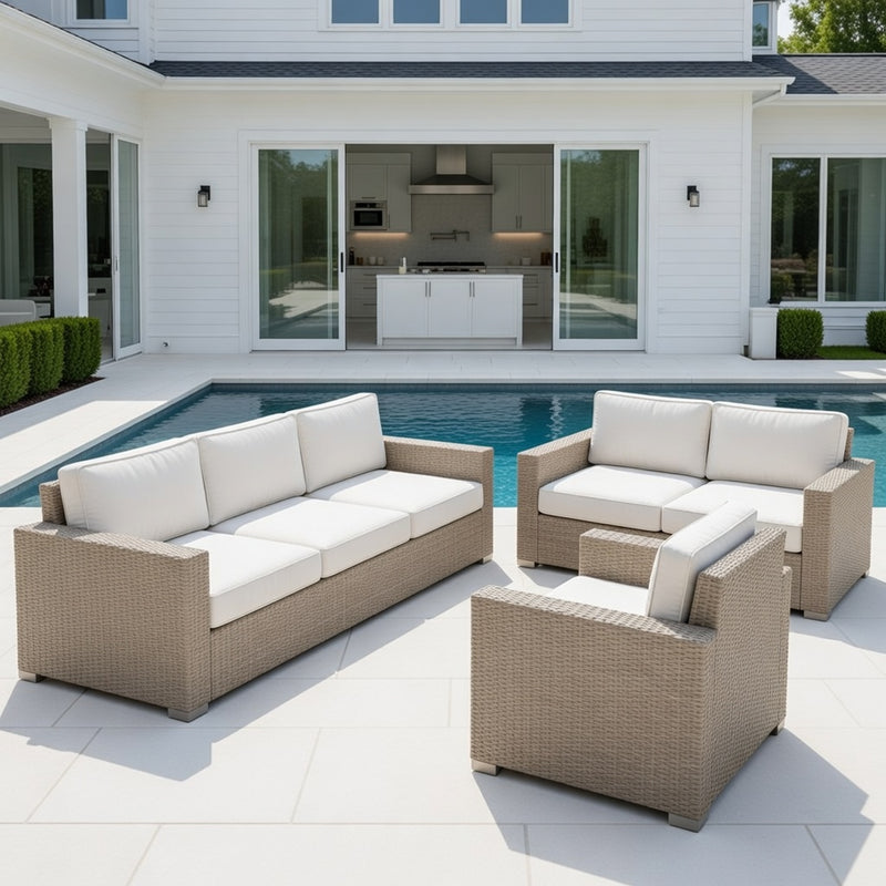 Outdoor Sofa Set in Dove Finish and Sunbrella Rain Cushions