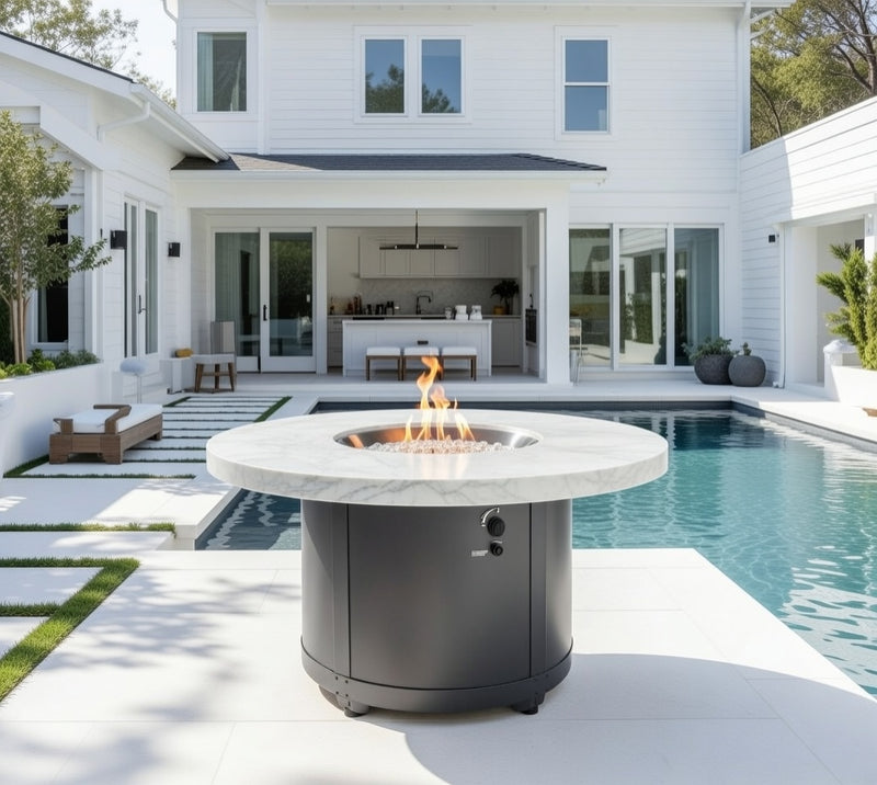 Fire Pit Table White Onyx Chat High plus weather cover