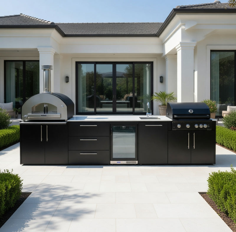 Outdoor Kitchen Elysia with Gas Barbecue, Pizza Oven, Fridge and Sink