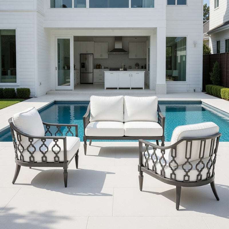 Outdoor Loveseat Set in Slate Finish and Sunbrella Rain Cushions