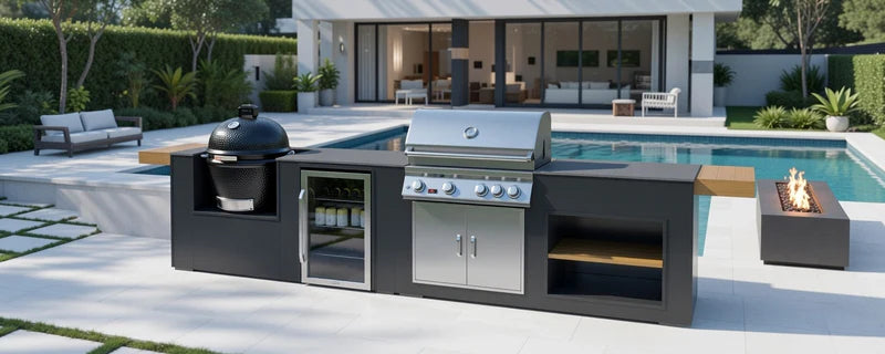Grillandia Outdoor Kitchen Whistler 4 Burner BBQ, and Primo Ceramic Grill | 13.2ft