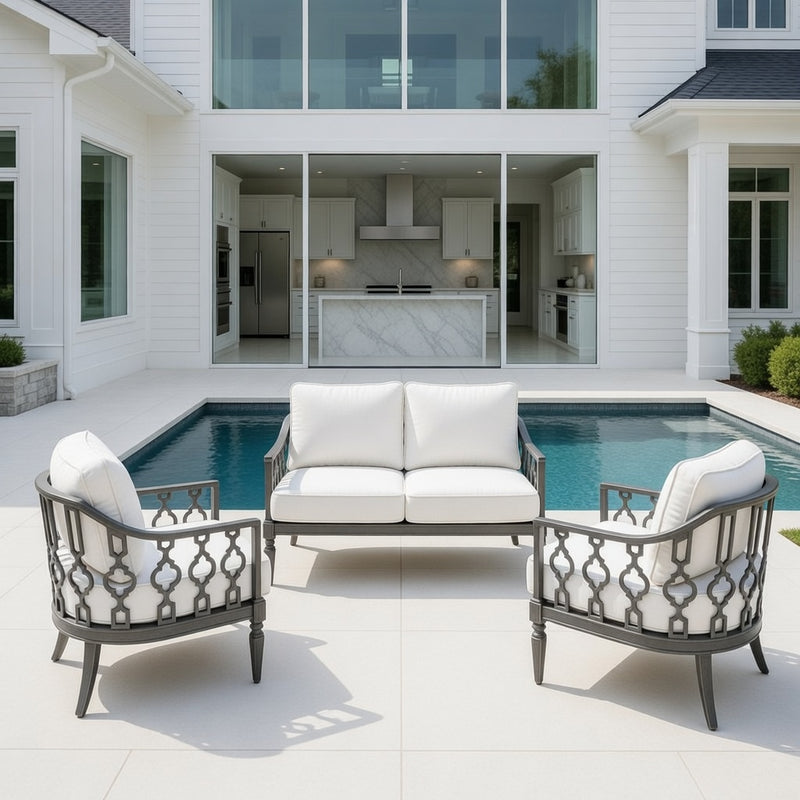 Outdoor Loveseat Set in Slate Finish and Sunbrella Rain Cushions