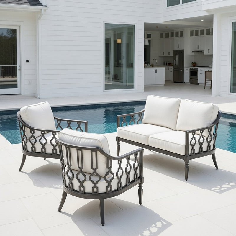 Outdoor Loveseat Set in Slate Finish and Sunbrella Rain Cushions