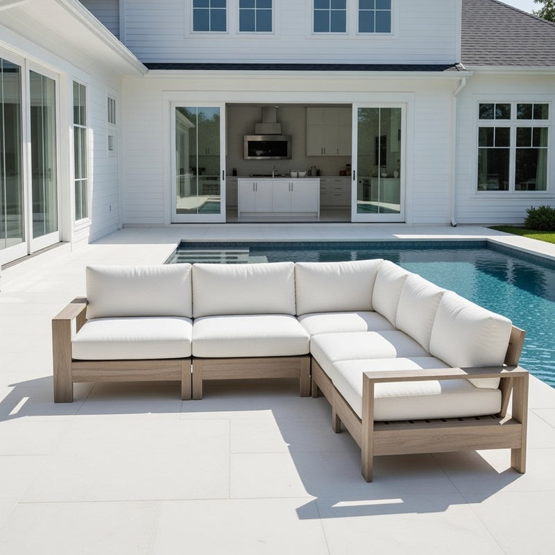 Outdoor L Shape Modular Set in Weathered Teak and Sunbrella Rain Cushions