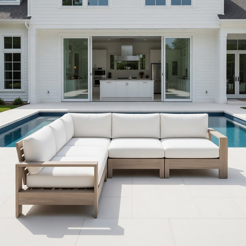 Outdoor L Shape Modular Set in Weathered Teak and Sunbrella Rain Cushions