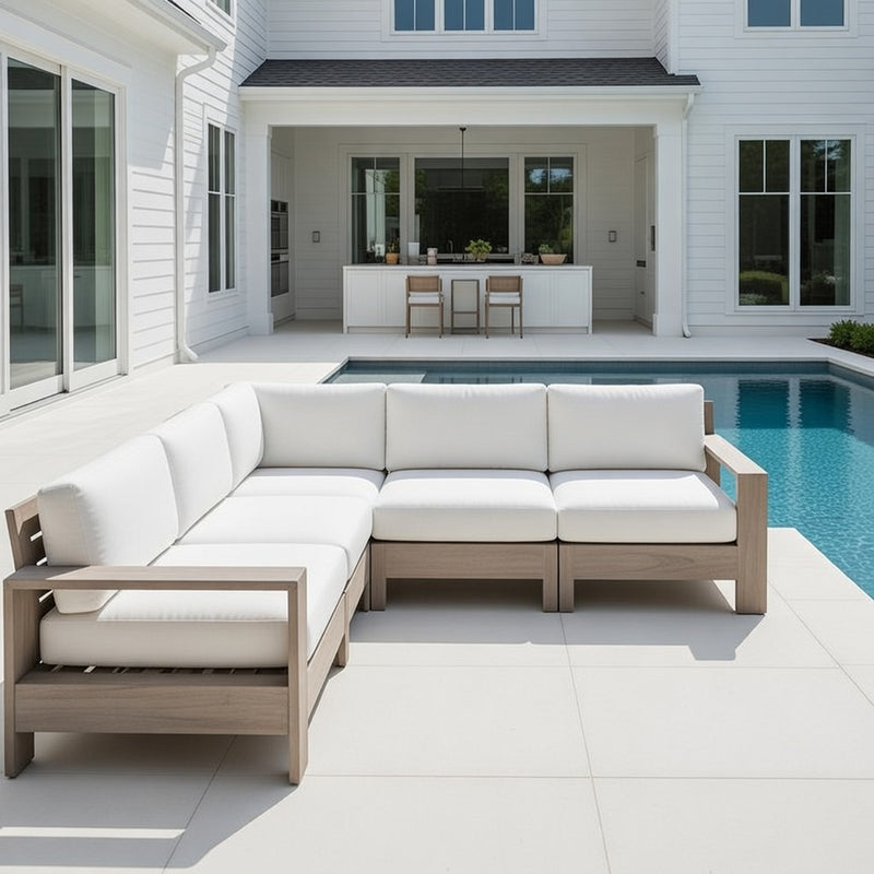 Outdoor L Shape Modular Set in Weathered Teak and Sunbrella Rain Cushions
