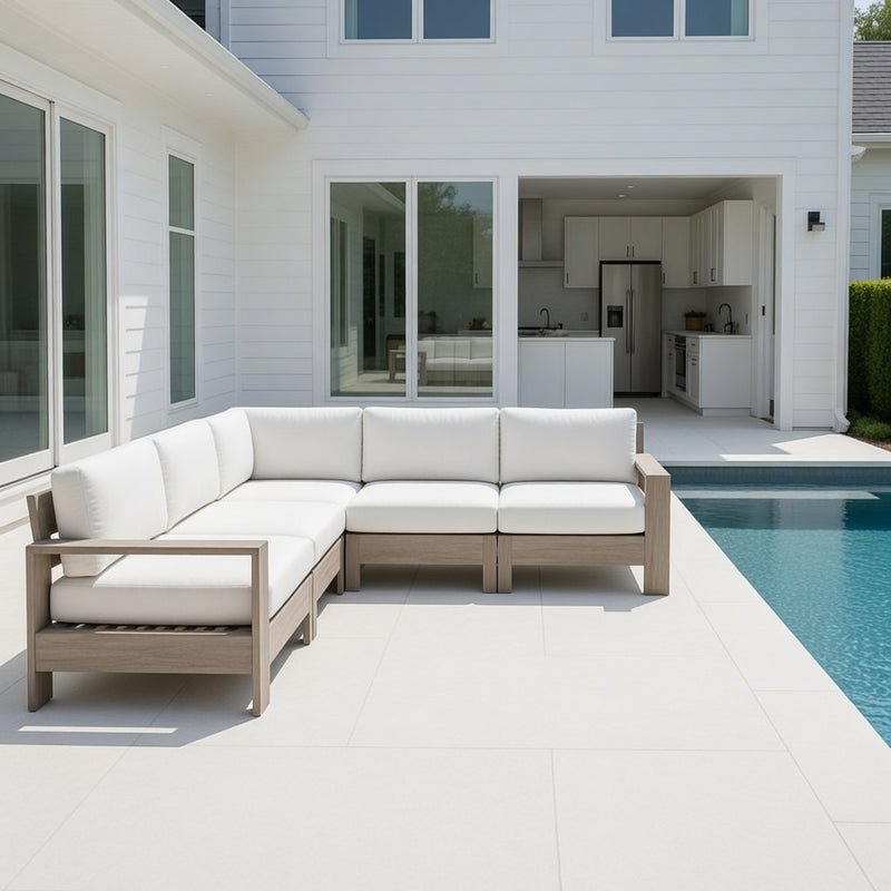 Outdoor L Shape Modular Set in Weathered Teak and Sunbrella Rain Cushions