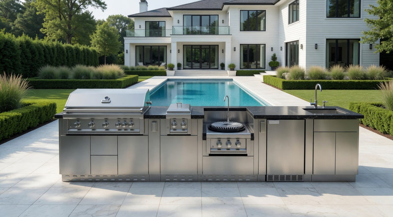Sunstone Grills Hill Country 13 1/2 Ft Outdoor Kitchen Island w/ Propane Grill & Side Burner, Sink, Refrigerator, Door & Drawer