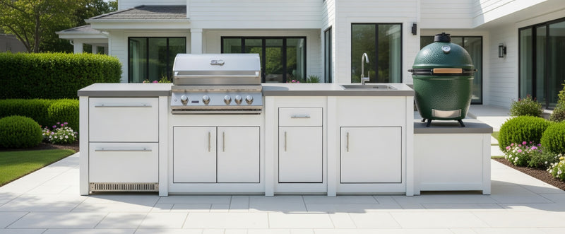 Stoll Aluminum Outdoor Kitchen White, Whistler 34-Inch 4-Burner Gas Grill Sink, and Double Drawer Fridge and Green Egg | 13FT