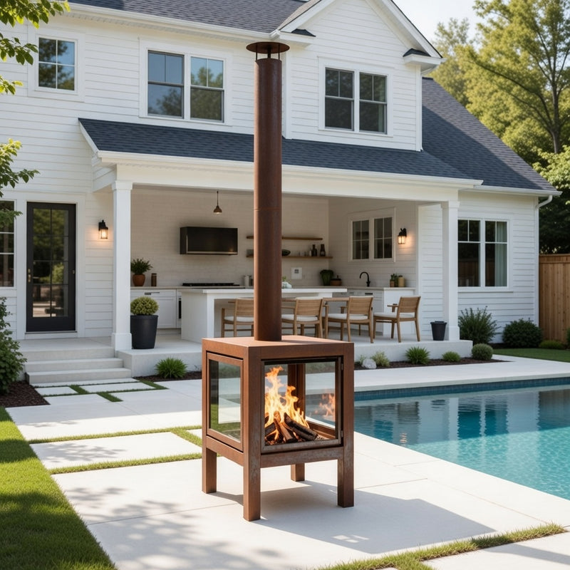 Quaruba MOBILE 4-Sided Glass CorTen Steel Wood-Burning Outdoor Fireplace | RB73