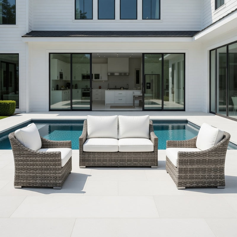 Outdoor Loveseat Set in Putty Finish and Sunbrella Rain Cushions
