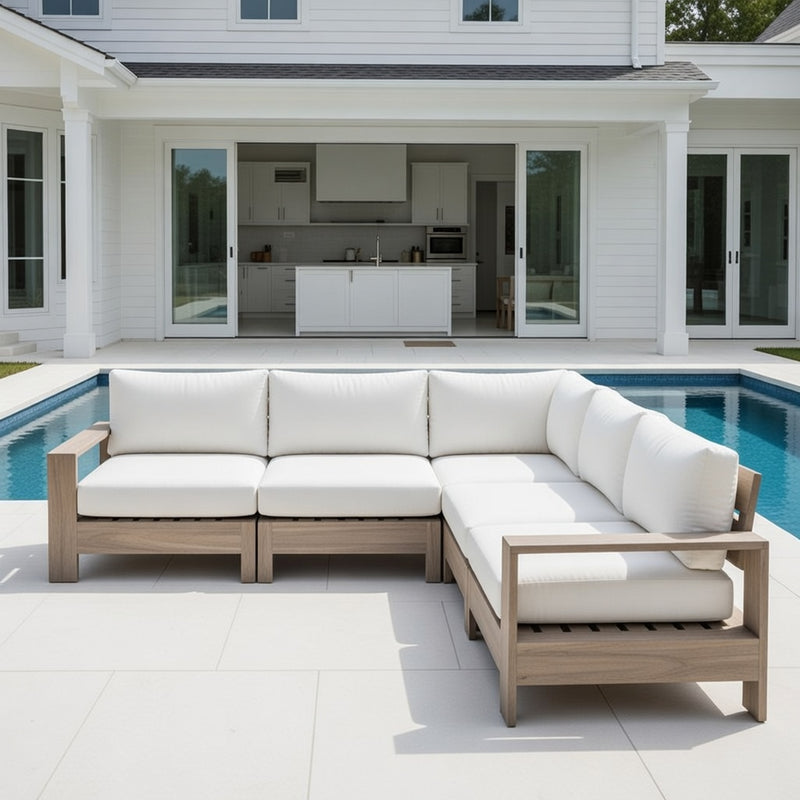 Outdoor L Shape Modular Set in Weathered Teak and Sunbrella Rain Cushions