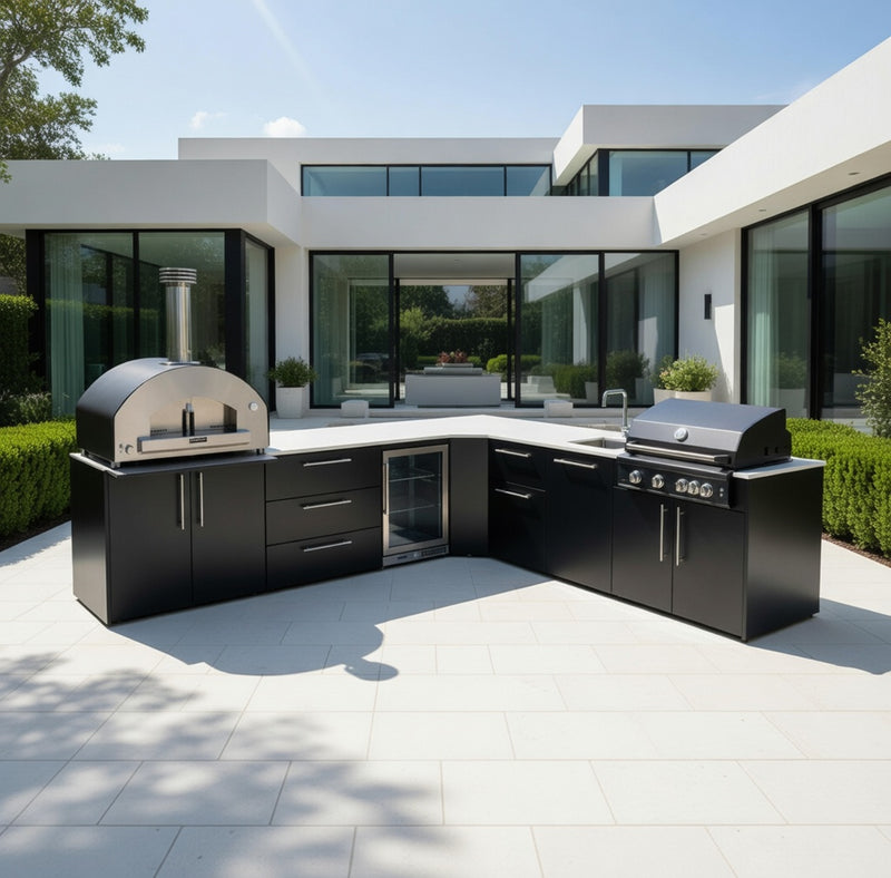 Outdoor Kitchen Elysia L Shape with Gas Barbecue, Pizza Oven, Fridge and Sink