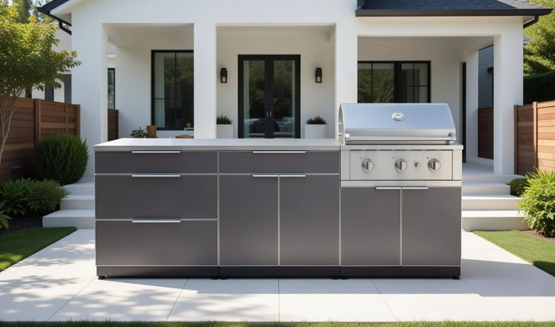 Outdoor Kitchen Aluminum 5 Piece Cabinet Set With 3 Drawer, Bar, Grill Cabinet, Performance Grill