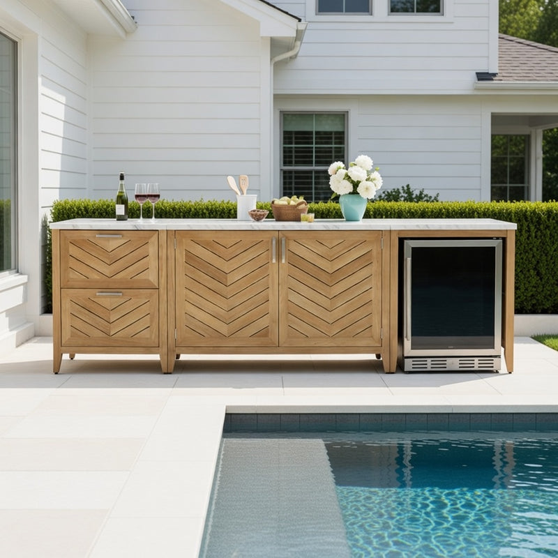 Outdoor Kitchen Set in Natural Teak and Fridge
