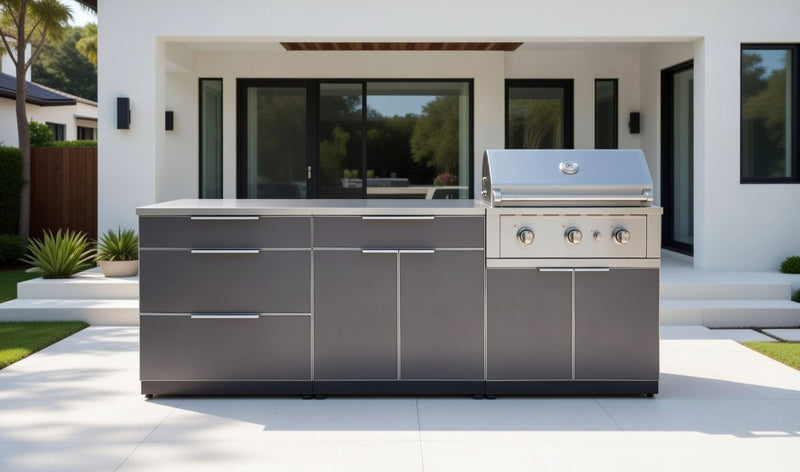 Outdoor Kitchen Aluminum 5 Piece Cabinet Set With 3 Drawer, Bar, Grill Cabinet, Performance Grill